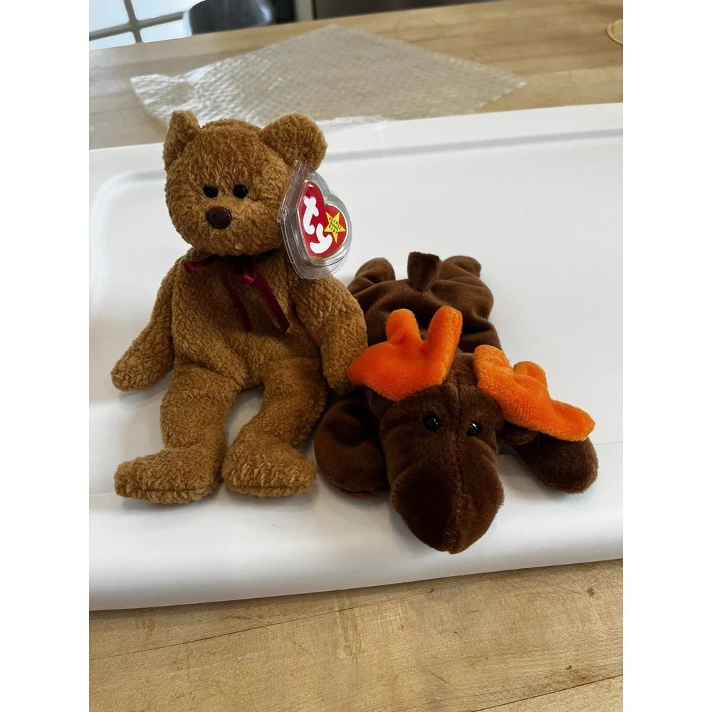 Lot 2 Vntg TY Beanie Babies Curly The Bear 1996 Chocolate Moose 1993 Plush Toys‎